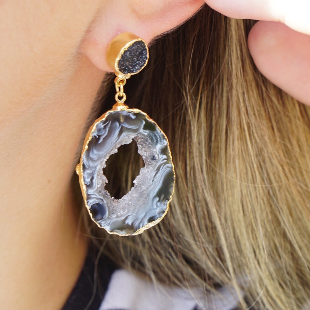 Gold Plated Geo Druzy Genuine Gemstone Earrings